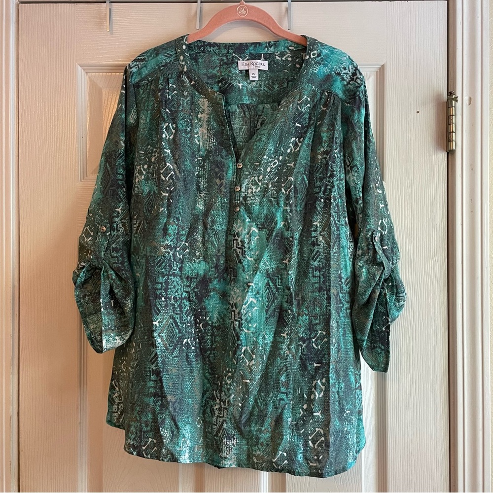 Kim Rogers Petite Size PL Teal Brown White Pattern 3/4 Sleeve V Neck Top